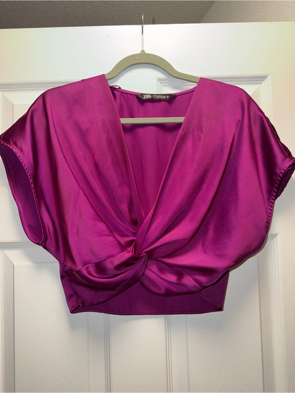 ZARA Magenta Satin Twist-Front Crop Top